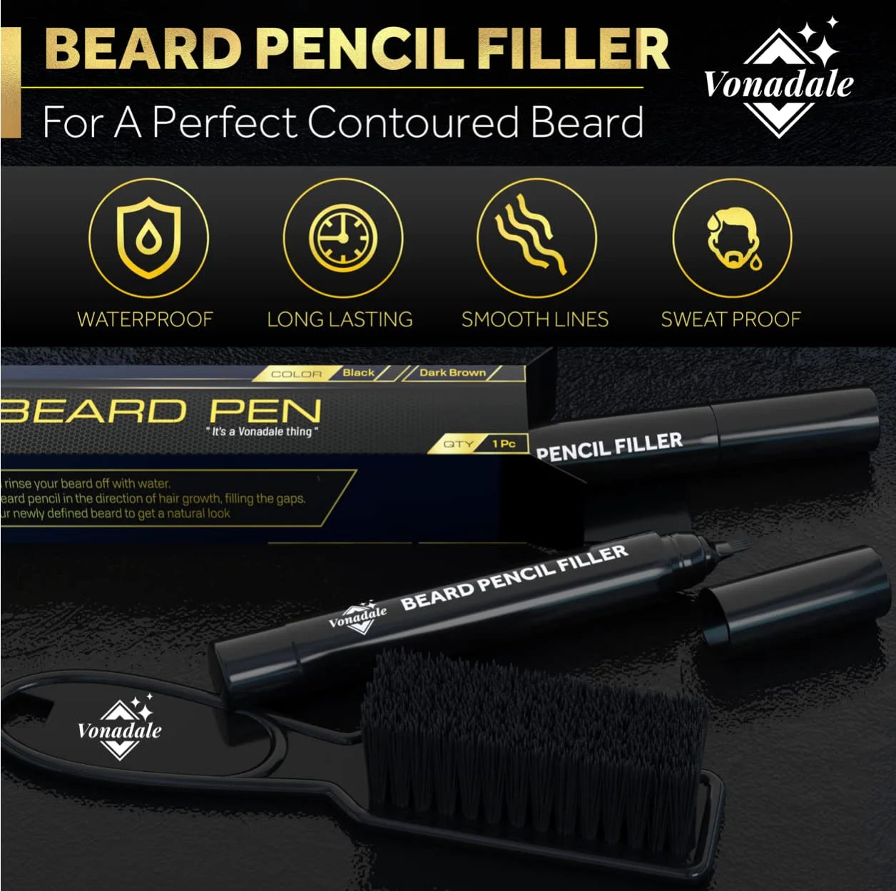 Beard Pencil Filler for Men with Soft Bristle Beard Brush, Brown
