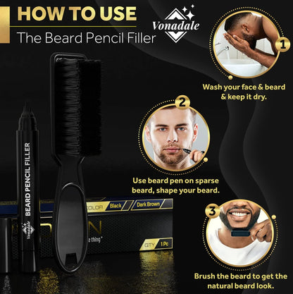 Beard Pencil Filler for Men with Soft Bristle Beard Brush, Brown